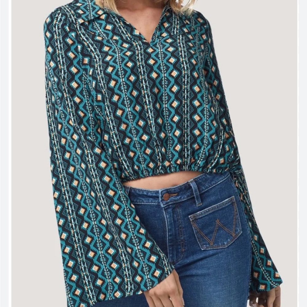 Wrangler RETRO Bell Sleeve Boho 70’s Style Cropped Blouse - Dark Teal, Size XXL